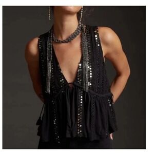 Forever That Girl Black Sleeveless Top Sequin Embellished Boho Peplum L